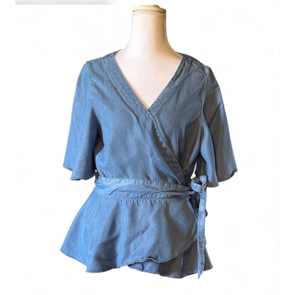 LOFT Petite Chambray Wrap Peplum Top Lyocell Tie Waist Size LP